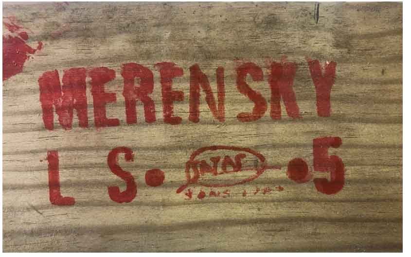 A visually stress graded lumber mark reading MERENSKY L, S &bull; 5 with the SATAS certification mark